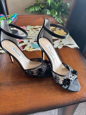 Nina Black Floral Embellished Ankle-Strap Stiletto Heels
